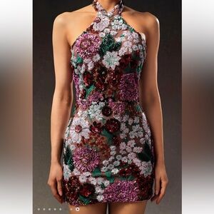 Elegant Strapless Floral Dress in Pink and Green